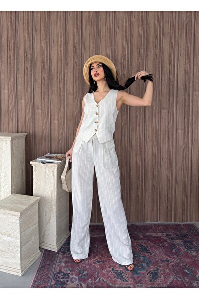 LB Laluna Butik طقم سترة وبنطلون مخطط للنساء