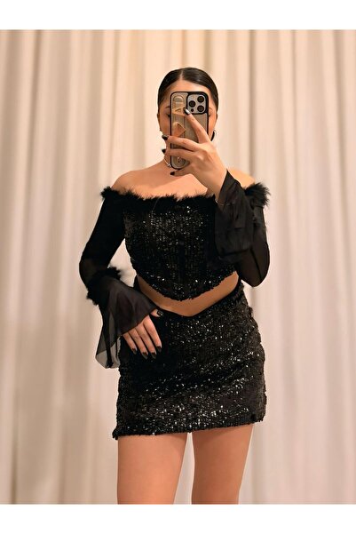 Labien Butik Korse Siyah Mini Takım – Payet & Tüy Detaylı