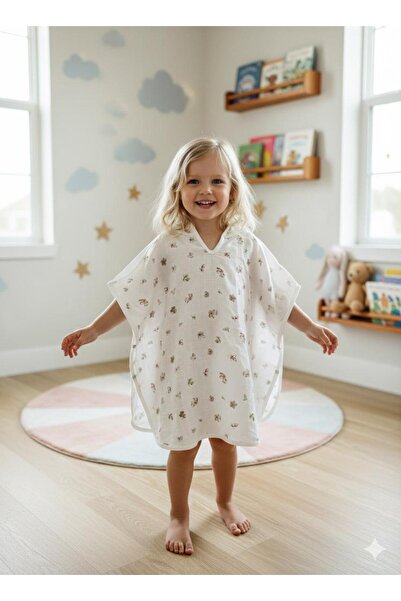 JUNİPERUS Organik %100 Pamuk Müslin Kapşonlu Plaj Çocuk Bebek Panço Bornoz Ba...