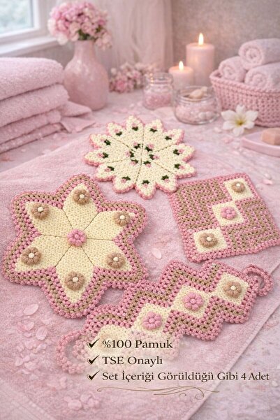 MEMİTA El Örgüsü Çiçek Model Banyo Lifi Seti %100 Pamuk TSE Onaylı 4’lü Set