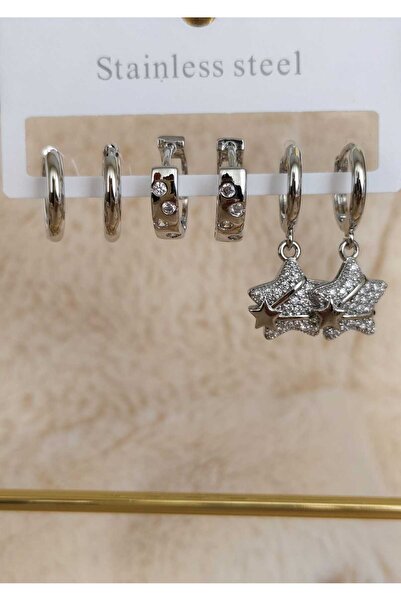 Tuel Star Themed Silver Stainless Steel Women's Multiple Earrings