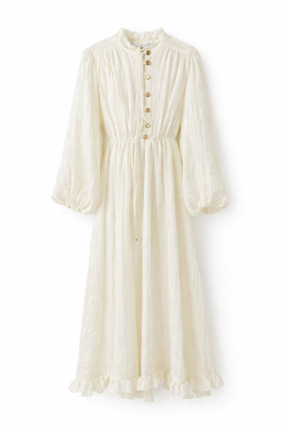 HAZELANNA Gold Düğmeli Piliseli Ekru Elbise