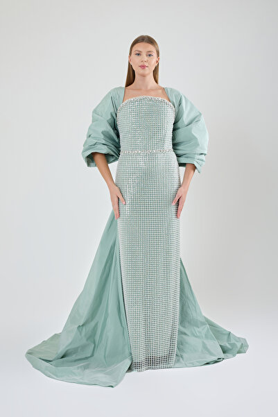 ROJBEY KADIN ABİYE PELERİNLİ İNCİ İŞLEMELİ UZUN ASİMETRİK YAKA UZUN ŞIK ELBİSE