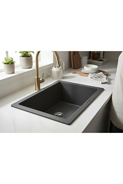 HENASURFACE Granit Eviye 1 Gözlü Antrasit 55x43 Tezgah Altına Uygun Granit Ev...