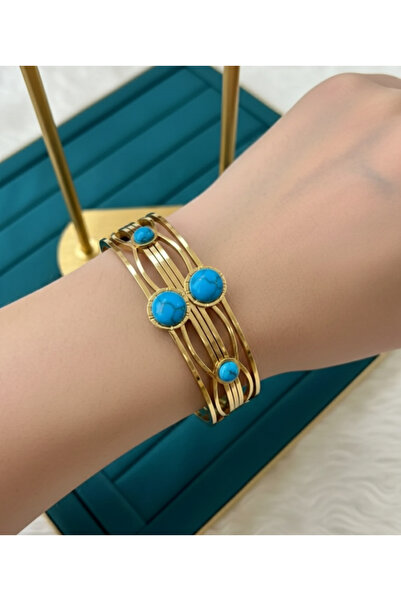 stainless steell gold renk mavi taş motifli çelik kelepçe bileklik