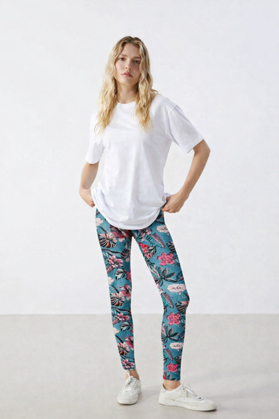 RAMİOR COLLECTION Women's Turquoise Floral Patterned High Waist Casual Sports...