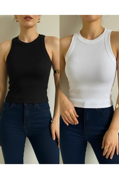 NEWORGINAL Women's Ribbed 2-Piece Black and White Wide Strap Flexible Basic A...