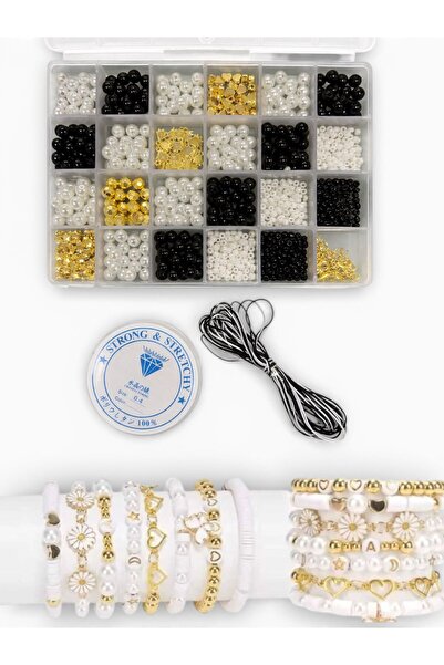 LİVZA BİJUTERİ Siyah beyaz inci ara aparat takı bileklik yapım seti (MİSİNA +...