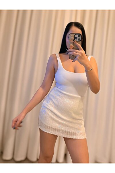 Labien Butik Beyaz Payet Mini Etek – Esnek Kumaş