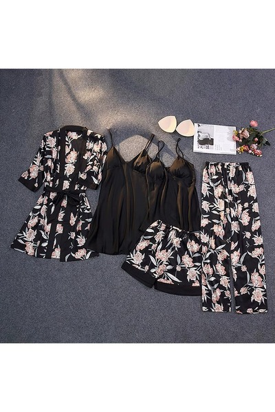 Ece's Design Set de pijamale și cămașă de noapte din satin de lux, 5 piese, Ece's, pentru femei, W2013