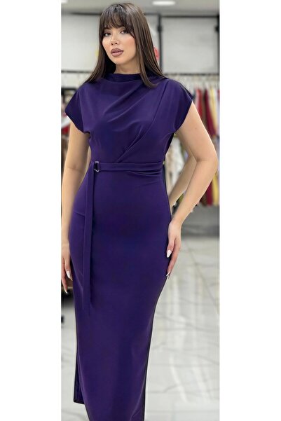 Helin Mor Drapeli Tokalı Kemer Detaylı Midi Boy Abiye Elbise