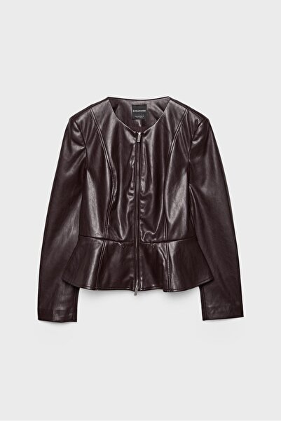 Stradivarius Collarless leather effect peplum blazer