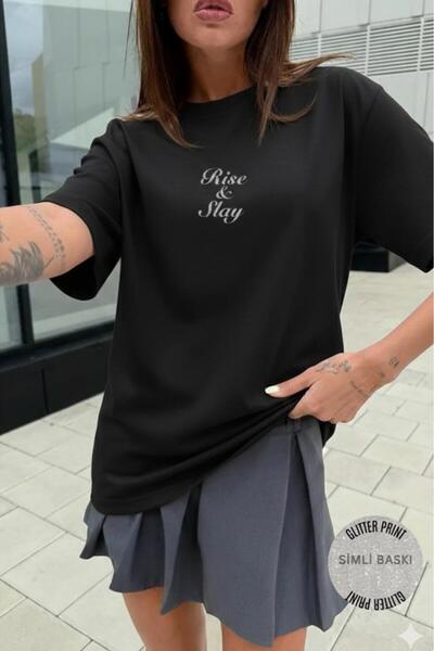 CAST COLLECTİON Γυναικείο μπλουζάκι με στάμπα Black Rise Slay Stone Oversize