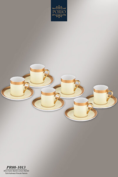 Porio Altın Yaldızlı 12 Parça 6 Kişilik Porselen Limon Sarısı Türk Kahvesi Fi...
