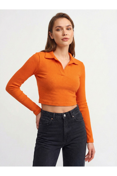 NEW JOURNAL Women's Orange Soft Textured Polo Collar Blouse Nj88