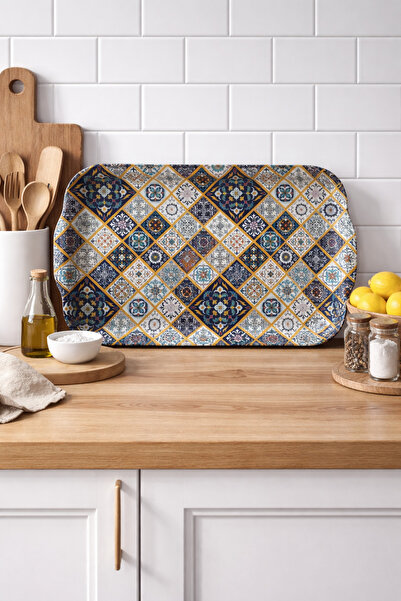 ATAGİFT HEDİYELİK Mozaik Çini Desenli Metal Tepsi 35 x 20 cm | Dekoratif Sunum