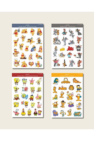 Papeit Winie the Pooh, Tom&Jerry, Spongebob,Garfield Temalı 4 lü Sticker Sayf...