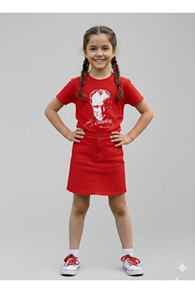 BLACK SWALLOW Set tricou cu imprimeu ATATURK și fustă de in pentru fete 23 AP...