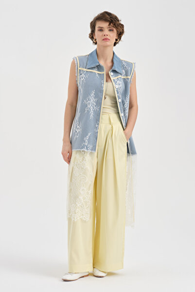 tw3 Kadın Denim Kumaş Dantel Detaylı Tasarım Yelek