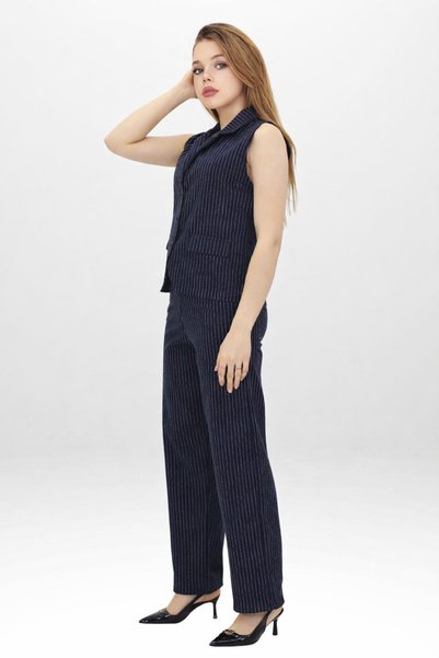 Generic Brand Women's Navy Blue Shirt Collar Striped Front Buttoned Blazer Style Vest Trouser Suit
