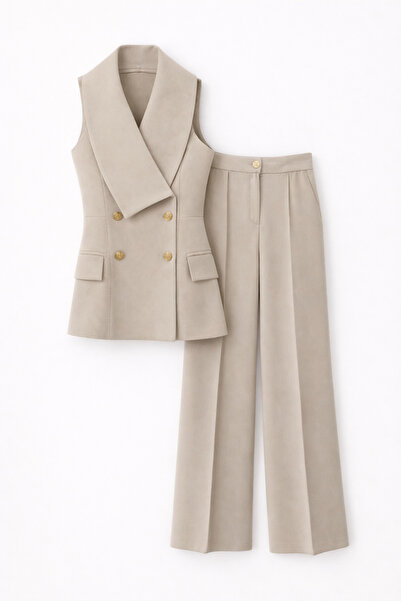 HAZELANNA طقم سترة وبنطلون بياقة غير متماثلة وأزرار ذهبية