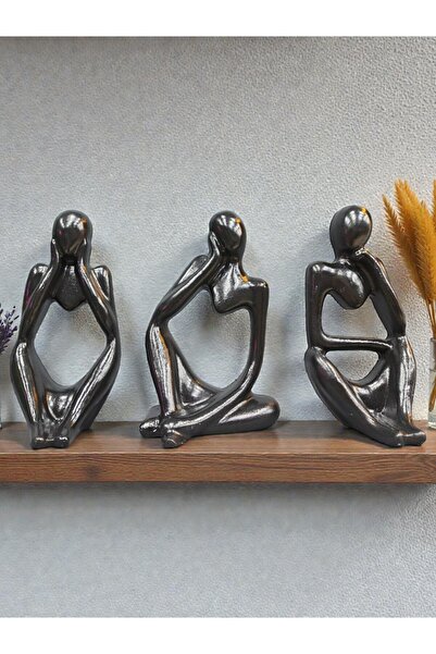 Grimsi Üçlü Düşünen Adam Biblo Seti – Modern Siyah Dekoratif Heykel Obje
