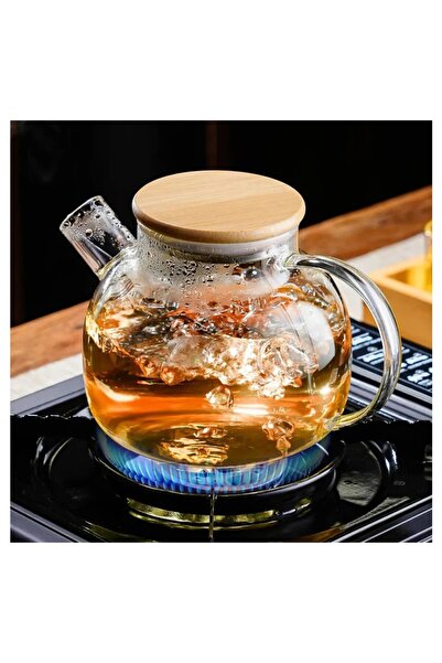 DZC KUZENLER AVM Bambu Teapot Cam Demlik, Borosilikat, Süzgeçli çaydanlık tek