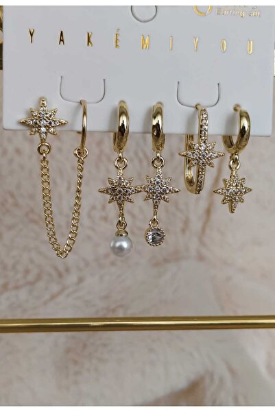 Tuel Women's Stainless Steel Gold Detailed Star Shaped Luxury Multiple Earrings