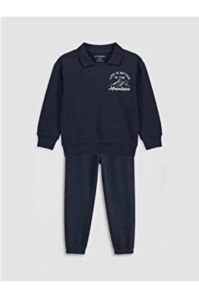 LC Waikiki Navy blue polo collar printed thick tracksuit set for boys