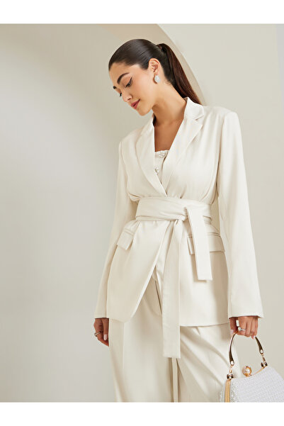 Styli Women White Regular Fit Belted Blazer