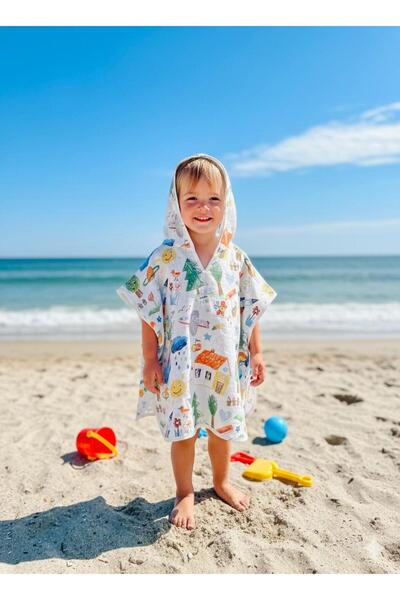 JUNİPERUS Organik %100 Pamuk Müslin Kapşonlu Plaj Çocuk Bebek Panço Bornoz Ba...