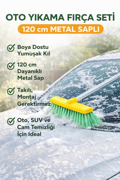 Primeaks 120 cm Uzun Saplı Oto Yıkama Fırçası - 9,5 cm Yumuşak Kıllı Çizmez Yapı