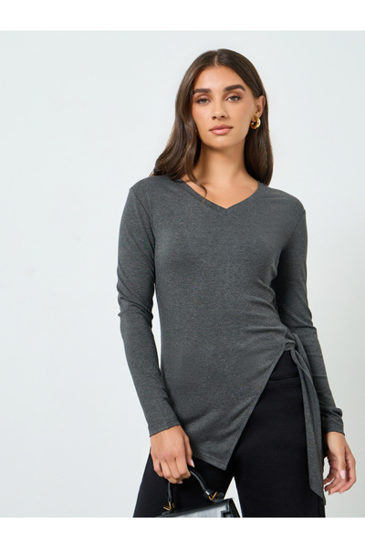 Styli Women Grey Long Sleeve Wrap Top