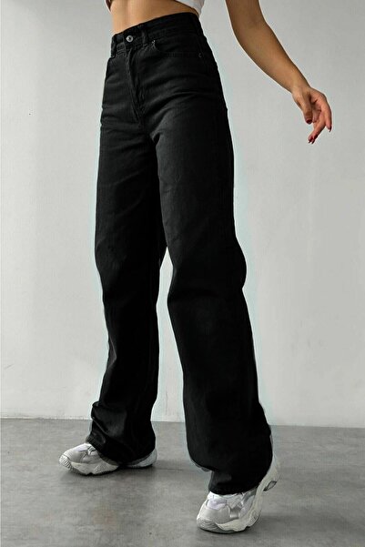 ByCukurovaFrango لا تتلاشى أسود واسع الساق الجينز الأسود فضفاض الجينز ليكرا ب...