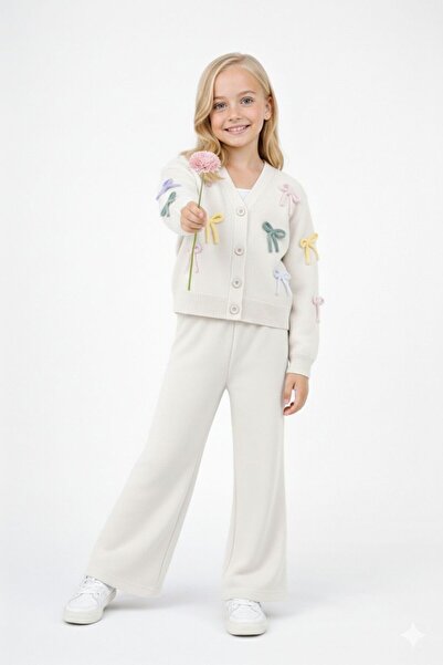 hashtag Set de tricotaje pentru fete, cardigan brodat cu panglică, pantaloni,...