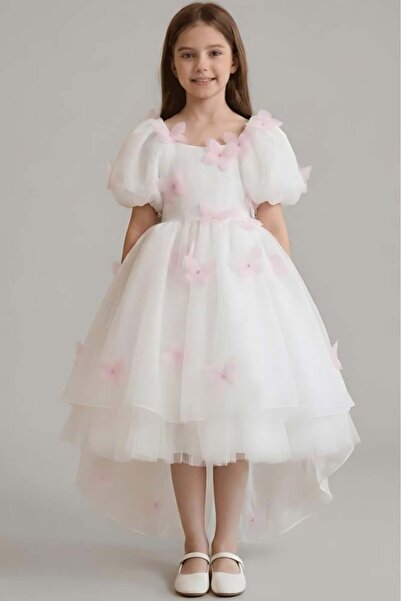 Alesaei-mondo tondo فستان بناتي سهرات أبيض منفوش بفراشات وردية s01269