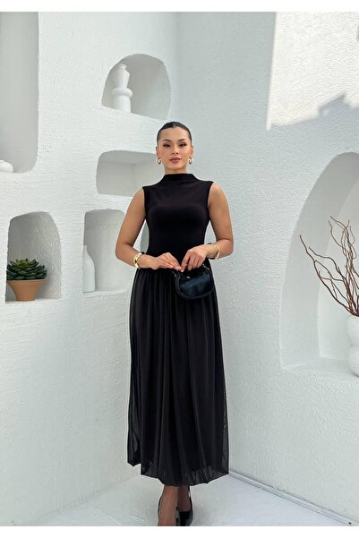 Moda Palmiss Kadın Acı Kahve Yarım Balıkçı Yaka Kolsuz Eteği Şifon Elbise – Bel Oturtmalı Şık Davet Elbisesi