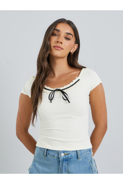 Styli Women Beige Knit Top with Black Ribbon