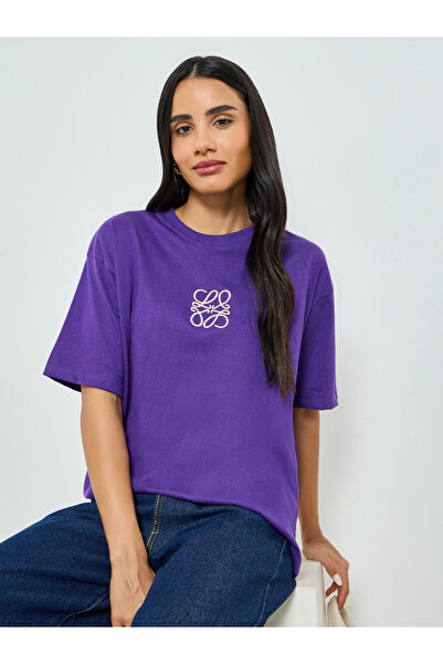 Styli Purple Embroidered Detail Oversized T-Shirt