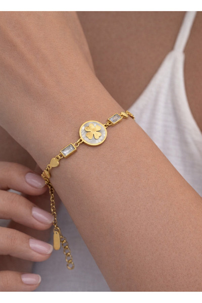 BİJU YILMAZ Steel gold heart-shaped clover bracelet with stone - 26blk06