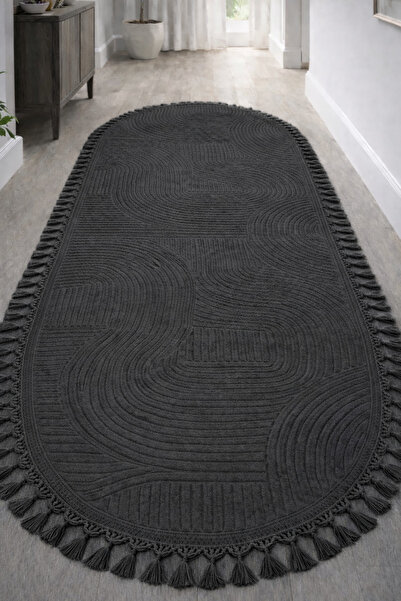 Merinos Rölyef Oval Örgü Saçaklı Kaymaz Yıkanabilir Bukle Salon Mutfak Korido...