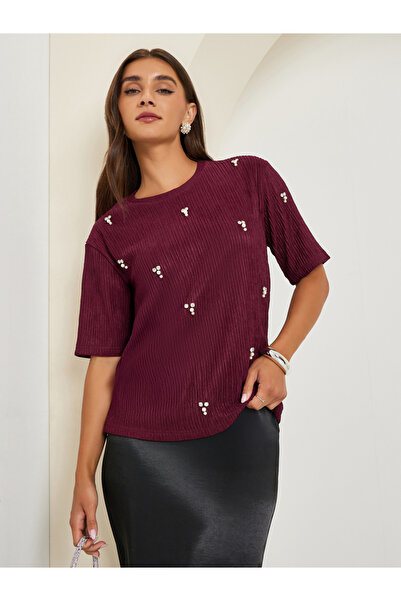 Styli Burgundy Textured Embellished Knit Top