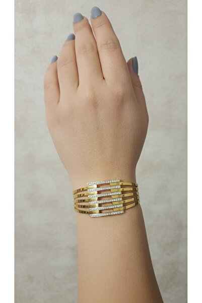Stelo Forte Zirkon Taşlı Çoklu Şerit Gold Paslanmaz Çelik Kelepçe Bileklik Kadın