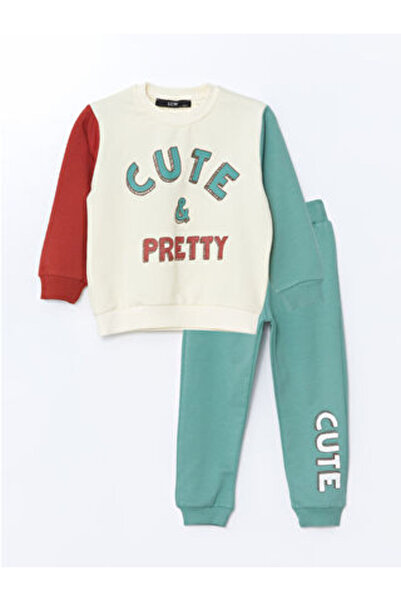 LC Waikiki Green Crew Neck Printed Baby Girl Tracksuit Set