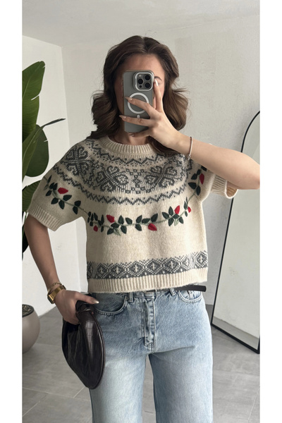 asfamoda Women's Ecru Embroidered Crop Knit Sweater Patterned Short Sleeve So...