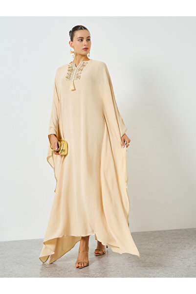 Take Two By Styli Beige Embroidered Tassel Detail Kaftan