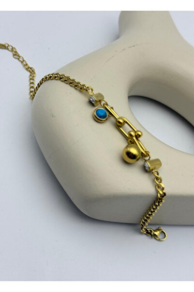 BİJU YILMAZ سوار بتصميم حجر أزرق ذهبي من الفولاذ - 26blk10