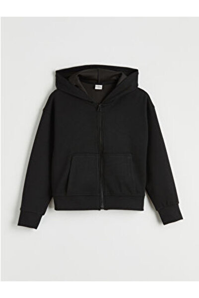 LC Waikiki سويت شيرت أسود بقلنسوة للفتيات ذو ملمس ناعم وسحاب أمامي