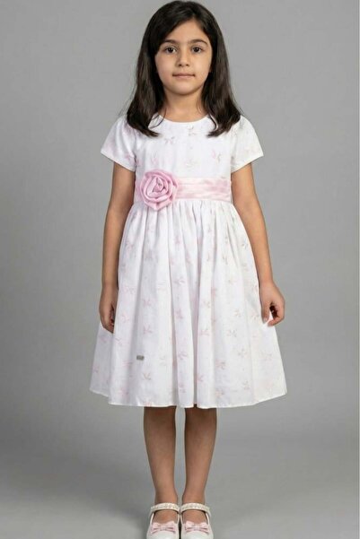 Alesaei-mondo tondo Girls' soft white evening dress with pink belt S01271