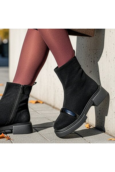 Modlet.ro Women's black leather suede platform ankle boots with zipper MOD14061